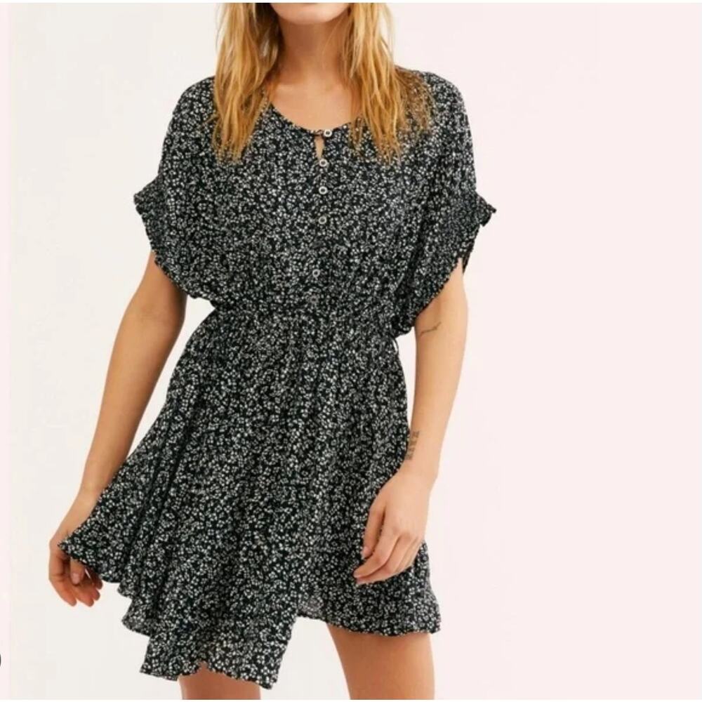 Free People One Fine Day Black Floral Mini Dress XS